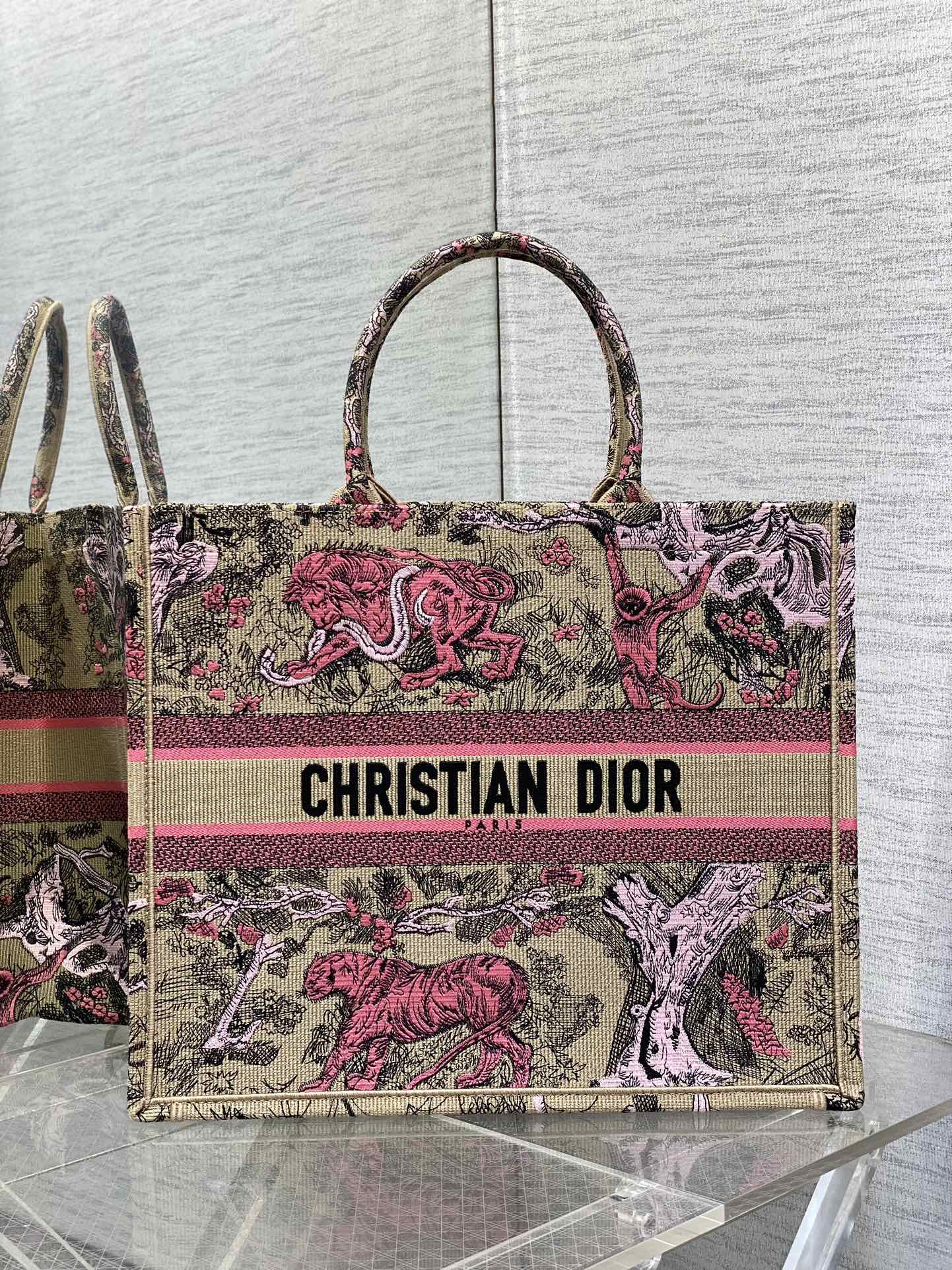 Large Dior Book Tote Bag Raffa with Candy Pink Toile de Jouy Sauvage Embroidery